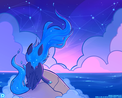 Size: 1900x1520 | Tagged: safe, artist:meekcheep, princess luna, g4, alternate hairstyle, cloud, cloudy, constellation, female, night, ocean, patreon, pretty, rock, sitting, solo, spread wings, stars, sunset