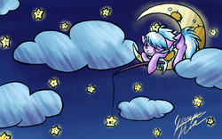 Size: 1920x1200 | Tagged: safe, artist:midnameowfries, cloudchaser, g4, cloud, cloudy, dreamworks, female, fishing, moon, solo, stars