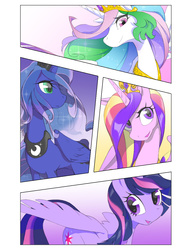 Size: 913x1200 | Tagged: safe, artist:shimizu, princess cadance, princess celestia, princess luna, twilight sparkle, alicorn, pony, g4, alicorn tetrarchy, female, mare, pixiv, twilight sparkle (alicorn)