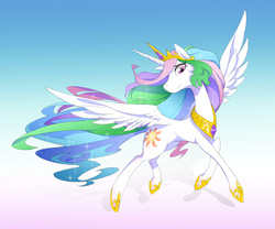 Size: 1200x1000 | Tagged: safe, artist:shimizu, princess celestia, alicorn, pony, g4, crown, female, gradient background, hoof shoes, jewelry, mare, peytral, pixiv, regalia, smiling, solo, spread wings, wings