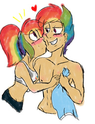 Size: 1504x1962 | Tagged: safe, artist:artistcoolpony, rainbow dash, human, g4, blushing, breasts, clothes, duo, female, humanized, male, male nipples, midriff, nipples, nudity, rainbow blitz, rule 63, self ponidox, selfcest, ship:dashblitz, shipping, sports bra, straight, topless