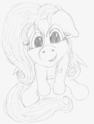 Size: 1000x1325 | Tagged: safe, artist:bigmacintosh2000, fluttershy, g4, cute, female, floppy ears, looking at you, looking up, monochrome, open mouth, shyabetes, sitting, smiling, solo, traditional art