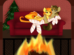 Size: 1280x960 | Tagged: safe, artist:sugarberry, spitfire, oc, oc:chocolate chips, earth pony, pegasus, pony, g4, blushing, canon x oc, christmas, christmas tree, clothes, clover, couch, female, firechips, fireplace, four leaf clover, holiday, male, mare, shipping, smiling, socks, stallion, straight, striped socks, thigh highs, tree