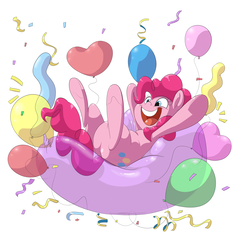 Size: 2800x3000 | Tagged: safe, artist:anonopony, pinkie pie, earth pony, balloon, balloon riding, confetti, cute, diapinkes, female, happy, heart balloon, mare, on back, smiling, solo, streamers, underhoof