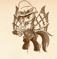 Size: 569x585 | Tagged: safe, artist:bunnimation, rainbow dash, pegasus, pony, g4, artificial wings, bipedal, boots, clothes, female, flying, gun, hat, mare, mechanical wing, monochrome, rainbow dash always dresses in style, shoes, simple background, solo, steampunk, traditional art, uniform, weapon