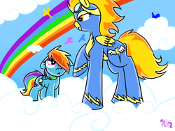 Size: 1280x960 | Tagged: safe, artist:cosmic-rust, rainbow dash, spitfire, g4, cloud, cloudy, goggles, rainbow, sweat, wonderbolts uniform