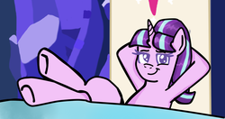 Size: 887x467 | Tagged: dead source, safe, artist:apple-jazzy, starlight glimmer, g4, the cutie re-mark, female, friendship throne, hooves on the table, i raided your fridge, s5 starlight, scene interpretation, smug, smuglight glimmer, solo, that was fast, welcome home twilight, zero fucks given