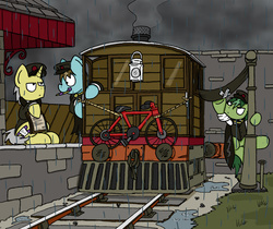 Size: 1929x1622 | Tagged: safe, artist:bobthedalek, oc, oc only, earth pony, pony, unicorn, bicycle, clothes, hat, locomotive, rain, steam locomotive, train, tram