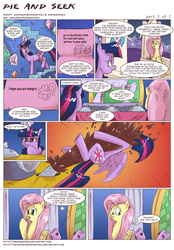 Size: 1156x1659 | Tagged: safe, artist:saturdaymorningproj, fluttershy, pinkie pie, twilight sparkle, alicorn, pony, comic:pie and seek, g4, chocolate, comic, female, levitation, magic, mare, party cannon, telekinesis, throne, twilight sparkle (alicorn)