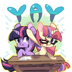 Size: 900x900 | Tagged: safe, artist:akamei, moondancer, twilight sparkle, pony, unicorn, amending fences, g4, duo, duo female, female, glasses, hoofbump, pixiv