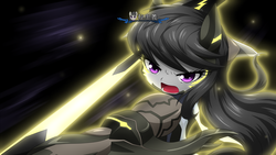 Size: 1920x1080 | Tagged: safe, artist:hashioaryut, octavia melody, earth pony, anthro, g4, ambiguous facial structure, armor, female, solo, tales of series, tales of xillia, this will end in tears, weapon