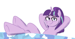 Size: 1519x800 | Tagged: safe, artist:mightyshockwave, starlight glimmer, pony, unicorn, g4, the cutie re-mark, :t, animatic, arm behind head, castle, comic con, crossed legs, cutie map, hooves on the table, lidded eyes, looking at you, map, s5 starlight, san diego comic con, simple background, smirk, smug, smuglight glimmer, solo, underhoof, welcome home twilight, white background