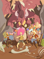 Size: 2984x4000 | Tagged: safe, artist:sundown, applejack, derpy hooves, fluttershy, pinkie pie, rainbow dash, rarity, dragon, human, g4, abs, bone, cake, carrying, cart, crystal, eyes closed, fire, gold, grin, horn, horned humanization, humanized, jacqueline applebuck, jewelry, jewels, juliette d'rarie, monster, open mouth, running, sandals, smiling, sword, treasure, treasure chest, wagon, winged humanization