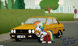 Size: 4200x2520 | Tagged: safe, artist:a4r91n, rainbow dash, g4, 80s, building, car, dacia, dacia 1310 sport, earring, looking at you, old photo, piercing, pose, romania, tracksuit, vector