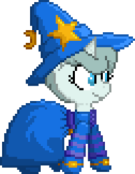 Size: 504x648 | Tagged: safe, artist:minus, artist:quarantinedchaoz, oc, oc only, oc:deep blue, pony, unicorn, foal quest, clothes, cute, foal, hat, pixel art, shoes, solo, witch, witch hat, wizard hat