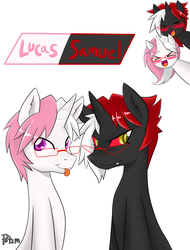 Size: 1547x2039 | Tagged: safe, artist:potzm, oc, oc only, oc:lawyresearch, oc:lawyshadow, oc:lucas, oc:samuel, blushing, rule 63