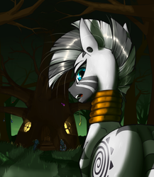 Size: 1300x1500 | Tagged: safe, artist:madhotaru, zecora, zebra, g4, female, looking at you, looking back, solo, zecora's hut