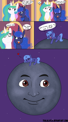 Size: 900x1600 | Tagged: safe, artist:tralalayla, princess celestia, princess luna, alicorn, pony, g4, comic, dialogue, emoji, emoticon, female, filly, heart, mare, meme, molester moon, moon, rage face, woona