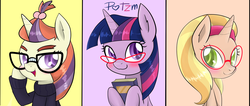 Size: 3235x1378 | Tagged: safe, artist:potzm, honey lemon, moondancer, twilight sparkle, pony, unicorn, amending fences, g4, blushing, book, bookseller, glasses, ponified