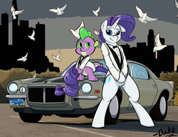 Size: 1280x989 | Tagged: safe, artist:askdukepony, rarity, spike, anthro, g4, 21 jump street, car, chevrolet, chevrolet camaro, crossover, movie, pinup