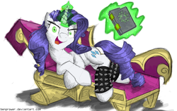 Size: 1580x1000 | Tagged: safe, artist:flutterthrash, rarity, g4, book, corrupted, fainting couch, female, inspirarity, inspiration manifestation book, leg warmers, magic, metal, possessed, solo, telekinesis