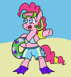 Size: 812x876 | Tagged: safe, artist:jargon scott, pinkie pie, earth pony, pony, g4, beach, bikini top, bipedal, clothes, female, inner tube, mare, snorkel, solo, swimsuit