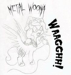 Size: 777x826 | Tagged: safe, artist:negativefade, princess luna, moonstuck, g4, cartographer's cap, female, filly, hat, metal, metal goddess luna, microphone, monochrome, simple background, solo, traditional art, waaagh!, white background, woona
