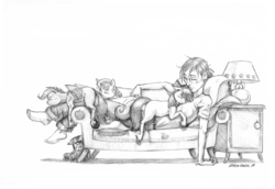 Size: 1300x892 | Tagged: safe, artist:baron engel, apple bloom, scootaloo, sweetie belle, human, g4, couch, cuddling, cute, cutie mark crusaders, eyes closed, floppy ears, lamp, lucky bastard, monochrome, on back, on top, pencil drawing, prone, sleeping, smiling, snuggling, sweet apple acres, traditional art, underhoof