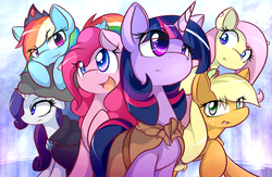 Size: 1280x832 | Tagged: safe, artist:dshou, applejack, fluttershy, pinkie pie, rainbow dash, rarity, twilight sparkle, earth pony, pegasus, pony, unicorn, g4, cloak, clothes, cloud, crown, ear piercing, female, freckles, group, hatless, looking up, lying down, mane six, mare, missing accessory, open mouth, piercing, raised hoof, sextet, simple background, smiling, smirk