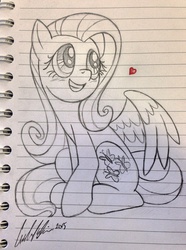 Size: 2324x3117 | Tagged: safe, artist:redapropos, fluttershy, g4, cute, daaaaaaaaaaaw, female, heart, high res, lined paper, shyabetes, sitting, sketchbook, smiling, solo, spread wings, traditional art