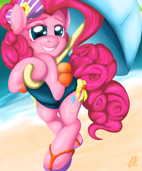 Size: 1280x1536 | Tagged: safe, artist:caliginousmane, pinkie pie, g4, beach, blue swimsuit, bow, bow swimsuit, clothes, cutie mark, hair bow, happy, ocean, one-piece swimsuit, sandals, smiling, swimsuit, umbrella, water wings