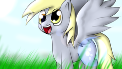 Size: 3840x2160 | Tagged: safe, artist:silvas007, derpy hooves, pegasus, pony, g4, derp, female, field, grass field, high res, mare, smiling, solo