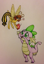 Size: 1931x2840 | Tagged: safe, artist:ameliacostanza, spike, breezie, wasp, g4, avengers, avengers: earth's mightiest heroes, crossover, crossover shipping, gem, janet van dyne, ponified, ship:spikewasp, teasing, tongue out, traditional art