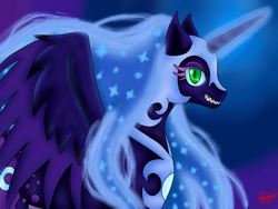 Size: 800x600 | Tagged: safe, artist:kina515, nightmare moon, g4, female, glowing horn, horn, looking at you, solo