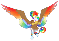 Size: 5280x3690 | Tagged: safe, artist:fuyusfox, oc, oc only, oc:rainbow feather, griffon, cutie mark, flying, interspecies offspring, large wings, magical lesbian spawn, offspring, parent:gilda, parent:rainbow dash, parents:gildash, rainbow power, rainbow power-ified, simple background, solo, spread wings, transparent background, wings