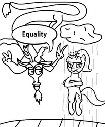 Size: 320x387 | Tagged: safe, artist:platinumdrop, discord, starlight glimmer, g4, comic, equality, missing horn, monochrome, race swap