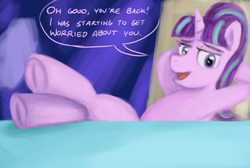 Size: 1193x800 | Tagged: safe, artist:unsavorydom, starlight glimmer, g4, the cutie re-mark, dialogue, female, hooves on the table, s5 starlight, scene interpretation, sitting, smug, smuglight glimmer, solo, underhoof, welcome home twilight