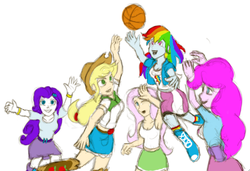 Size: 484x331 | Tagged: safe, artist:mentalmongloid, applejack, fluttershy, pinkie pie, rainbow dash, rarity, equestria girls, g4, basketball, belly button, clothes, denim skirt, humane five, midriff, skirt, tank top