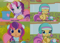 Size: 1986x1440 | Tagged: safe, screencap, mayor flitter flutter, scootaloo (g3), sweetie belle (g3), g3, g3.5, twinkle wish adventure, clothes, lol, pun, scooter, subtitles