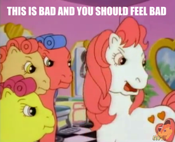 Size: 657x533 | Tagged: safe, screencap, bon bon (g1), melody, patch (g1), sweetheart, earth pony, pony, g1, happy birthday sweetheart, my little pony tales, disapproval, female, image macro, meme, scrunchy face