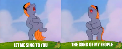 Size: 1616x656 | Tagged: safe, edit, edited screencap, screencap, teddy, earth pony, pony, g1, my little pony tales, shop talk, bipedal, hill, image macro, male, meme, singing, song of my people