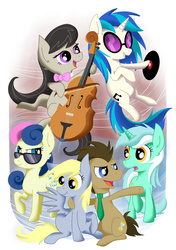Size: 973x1386 | Tagged: safe, artist:rovaa, bon bon, derpy hooves, dj pon-3, doctor whooves, lyra heartstrings, octavia melody, sweetie drops, time turner, vinyl scratch, earth pony, pegasus, pony, unicorn, g4, slice of life (episode), adorabon, background six, bow (instrument), bowtie, cello, cello bow, cute, derpabetes, doctorbetes, female, glasses, lyrabetes, male, mare, musical instrument, necktie, open mouth, record player, secret agent sweetie drops, smiling, stallion, sunglasses, tavibetes, vinylbetes
