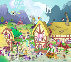 Size: 1500x1312 | Tagged: safe, artist:rovaa, angel bunny, apple bloom, applejack, big macintosh, bon bon, cheerilee, cranky doodle donkey, derpy hooves, diamond tiara, discord, doctor whooves, fluttershy, granny smith, gummy, lyra heartstrings, mayor mare, opalescence, owlowiscious, pinkie pie, pipsqueak, rainbow dash, rarity, roseluck, scootaloo, silver spoon, smarty pants, snails, snips, spike, sweetie belle, sweetie drops, tank, time turner, trixie, twilight sparkle, winona, zecora, alicorn, donkey, duck, parasprite, pony, zebra, g4, apple, cloud, colt, cutie mark crusaders, dirt road, farm, female, filly, fire ruby, foal, football, houses, male, mane seven, mane six, mare, mountain, muffin, open window, pet six, ponyville, ship:cheerimac, shipping, stallion, straight, sweet apple acres, twilight sparkle (alicorn), wall of tags, window