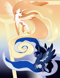 Size: 1024x1325 | Tagged: safe, artist:kmwolf, princess celestia, princess luna, g4, flying, impossibly long hair, impossibly long tail, long mane, long tail, rainbow power, rainbow power-ified