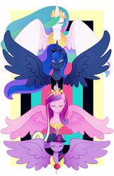 Size: 1024x1583 | Tagged: safe, artist:kmwolf, princess cadance, princess celestia, princess luna, twilight sparkle, alicorn, pony, g4, alicorn tetrarchy, eyes closed, female, mare, smiling, spread wings, twilight sparkle (alicorn)