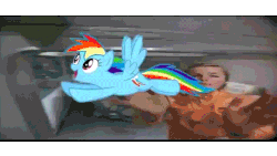 Size: 640x360 | Tagged: safe, artist:timofey makarov, rainbow dash, human, g4, animated, female, flying, gif, no more ponies at source, russian, smiling, spinning, youtube poop