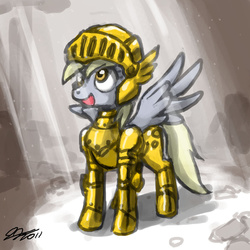 Size: 900x900 | Tagged: safe, artist:johnjoseco, derpy hooves, pegasus, pony, g4, armor, crepuscular rays, crossover, epic derpy, fantasy class, female, gilgamesh, knight, mare, nightmare of druaga, open mouth, smiling, solo, spread wings, tower of druaga, warrior