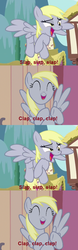 Size: 422x1360 | Tagged: safe, edit, edited screencap, screencap, derpy hooves, pegasus, pony, g4, slice of life (episode), bolbi stroganovsky, clapping, cute, dancing, derpabetes, female, flying, mare, red text, reference, screencap comic, smiling, solo, the adventures of jimmy neutron: boy genius