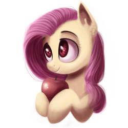 Size: 1000x1000 | Tagged: safe, artist:annielith, fluttershy, g4, apple, female, flutterbat, holding, looking at something, red eyes, simple background, solo, white background