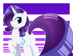 Size: 1024x791 | Tagged: safe, artist:kmwolf, rarity, pony, unicorn, g4, butt, female, impossibly large tail, long tail, looking at you, looking back, mare, plot, raised hoof, smiling, solo, underhoof
